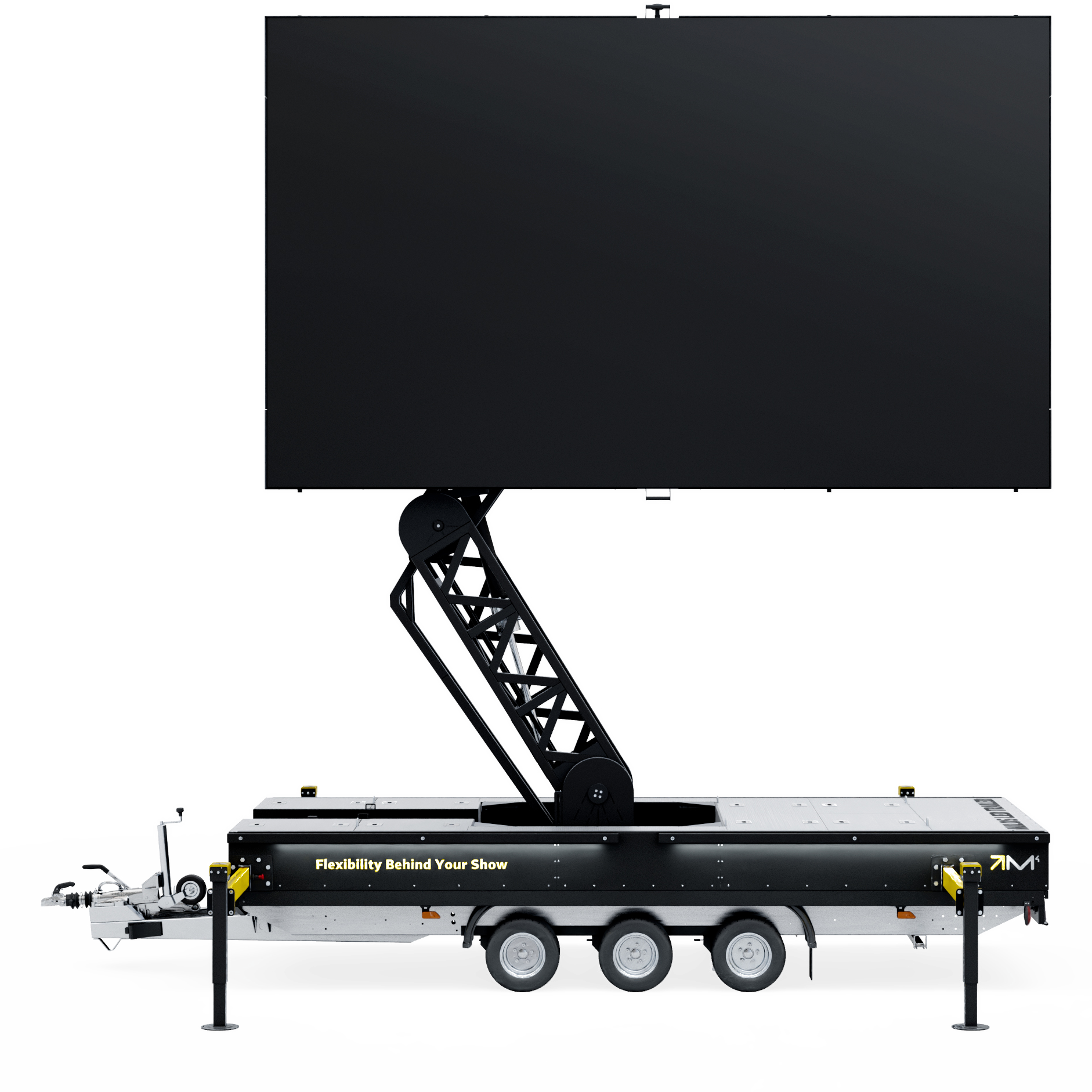 MILOS LED Trailer — přívěs s LED obrazovkou 5 × 3 m zvednutou na hydraulickém sloupu